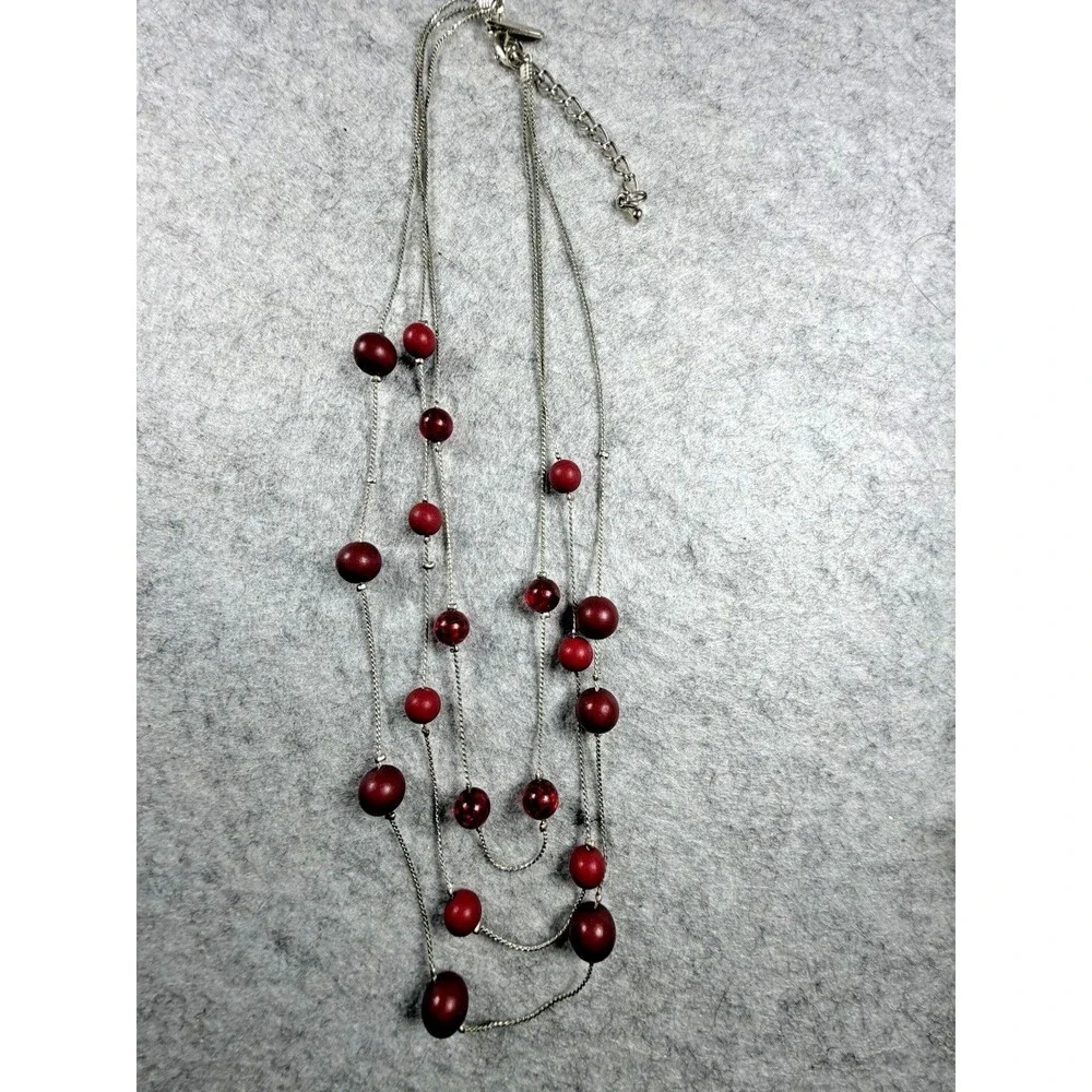 Vintage Y2K Red Beaded Triple Strand Necklace Silver Tone Statement Jewelry